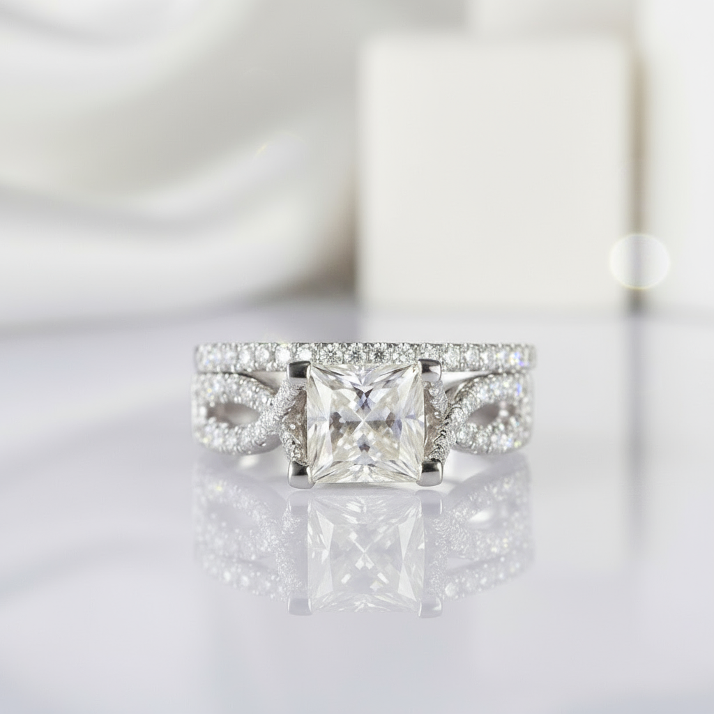 14K White Gold Twist Band 1ct Princess Cut Diamond Ring-Black Diamonds New York