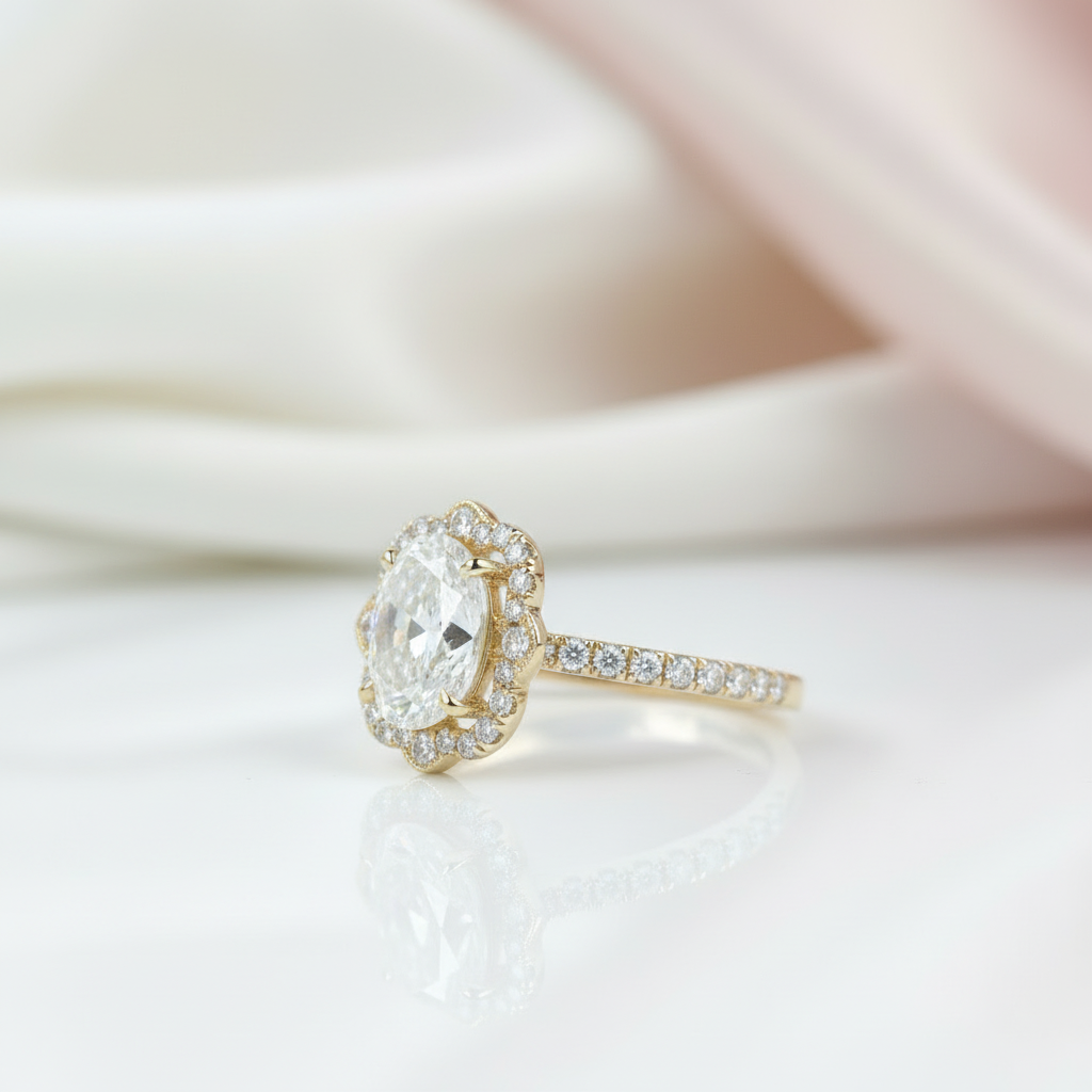 14K Yellow Gold 1.5ct Oval Cut Flower Halo Engagement Ring-Black Diamonds New York