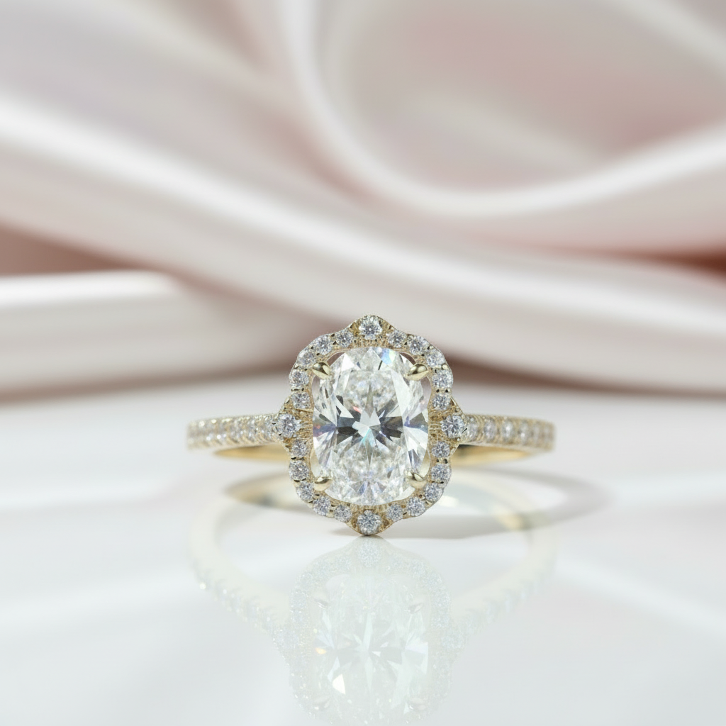 14K Yellow Gold 1.5ct Oval Cut Flower Halo Engagement Ring-Black Diamonds New York