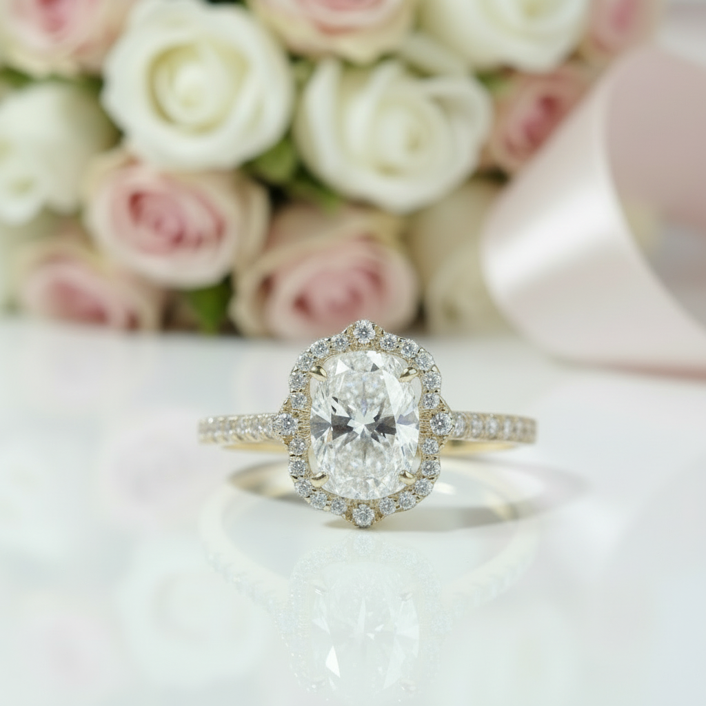 14K Yellow Gold 1.5ct Oval Cut Flower Halo Engagement Ring-Black Diamonds New York