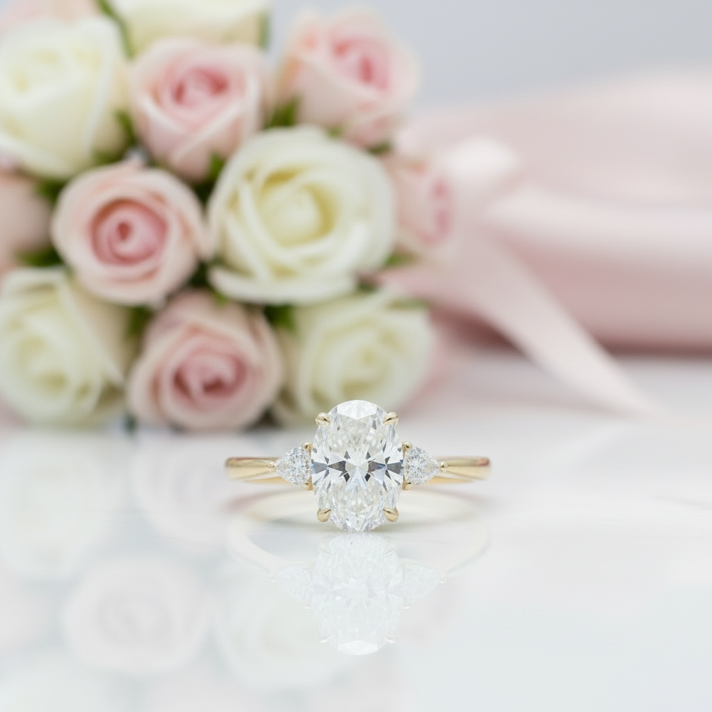 14k Yellow Gold 1ct Oval Cut Diamond Three Stone Engagement Ring-Black Diamonds New York