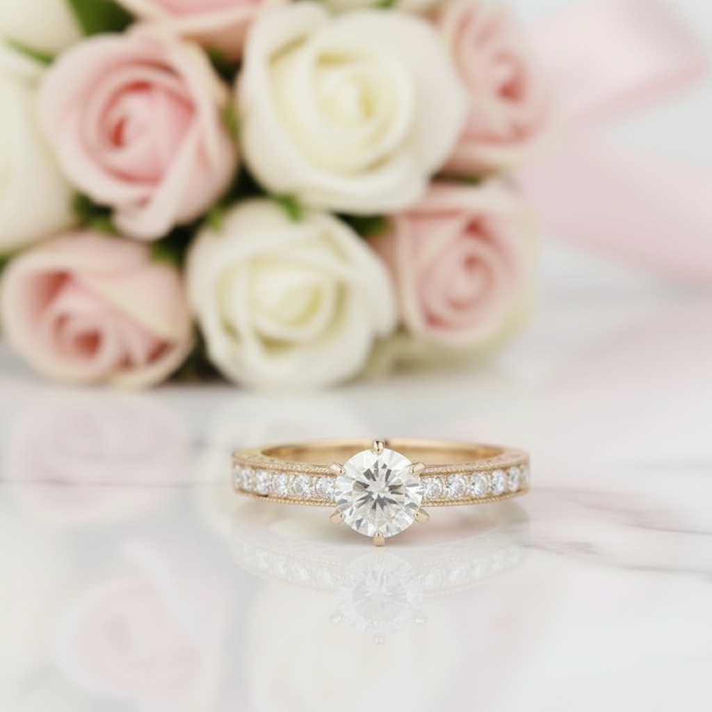 14k Yellow Gold 1ct Diamond Filigree Style Engagement Ring-Black Diamonds New York