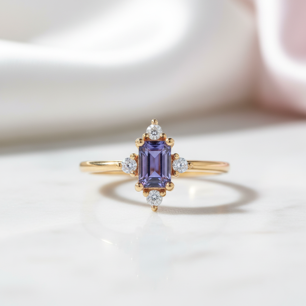 14k Yellow Gold Alexandrite Luxury Promise Ring-Black Diamonds New York