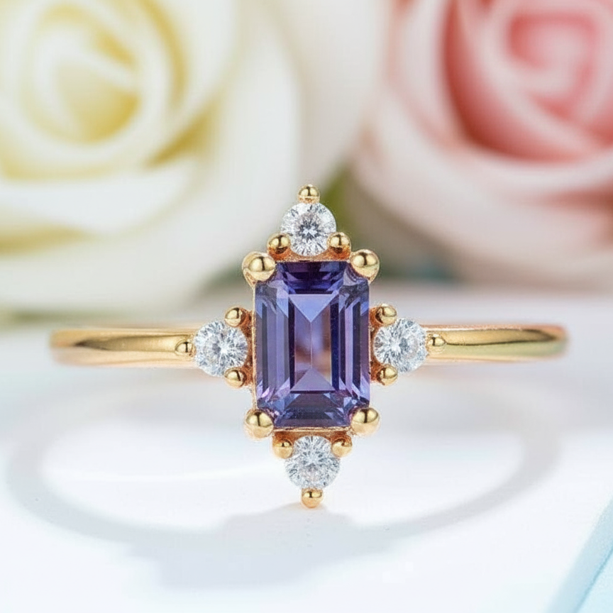 14k Yellow Gold Alexandrite Luxury Promise Ring-Black Diamonds New York