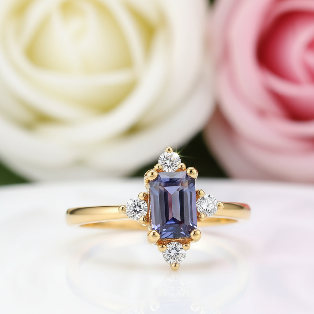 14k Yellow Gold Alexandrite Luxury Promise Ring-Black Diamonds New York