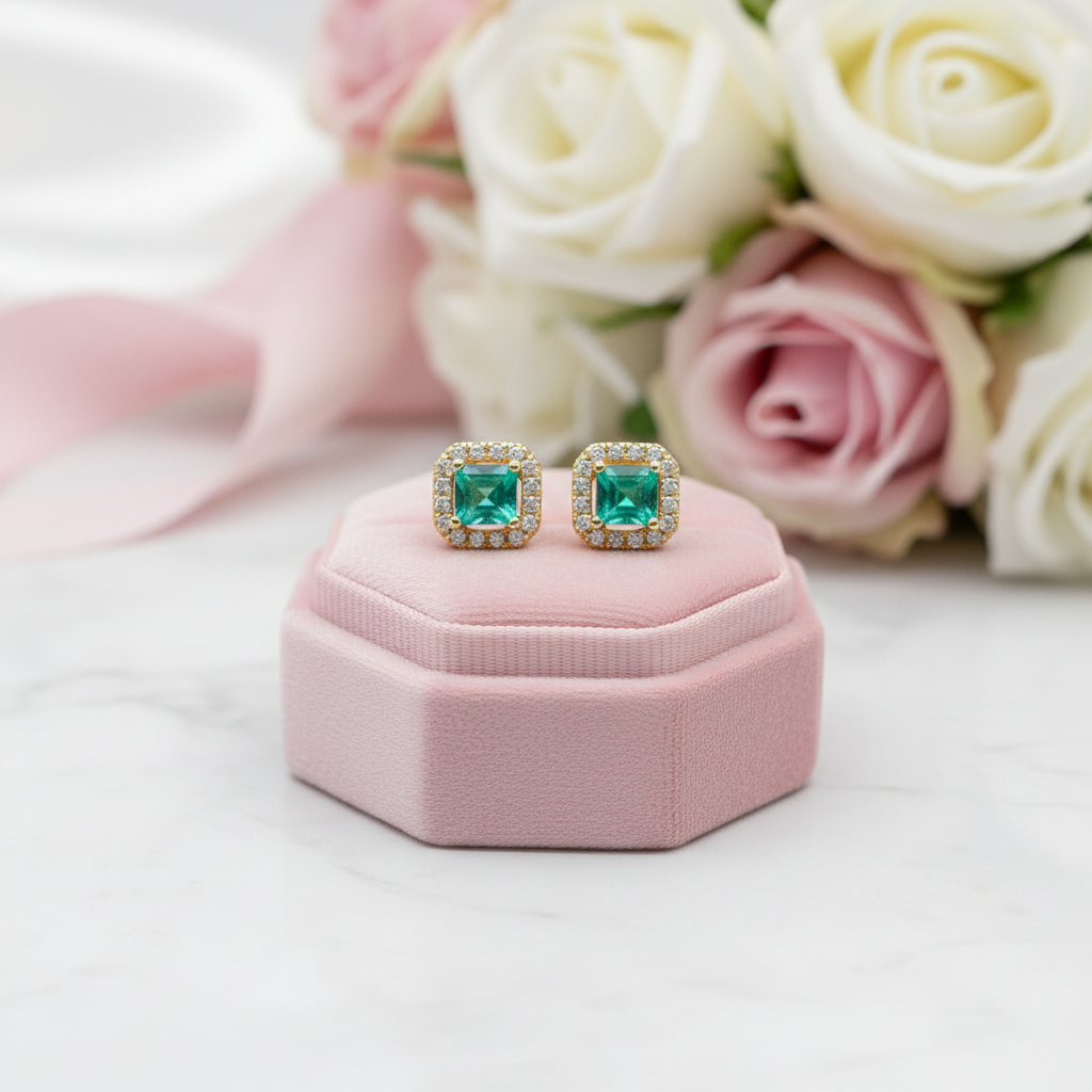 14k Yellow Gold Emerald with Diamond Option Halo Stud Earrings-Black Diamonds New York