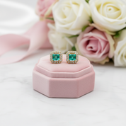 14k Yellow Gold Emerald with Diamond Option Halo Stud Earrings-Black Diamonds New York
