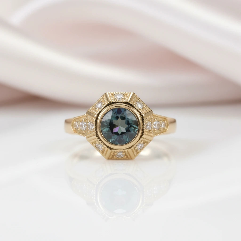 14k Yellow Gold Round Cut Alexandrite Filigree Engagement Ring-Black Diamonds New York