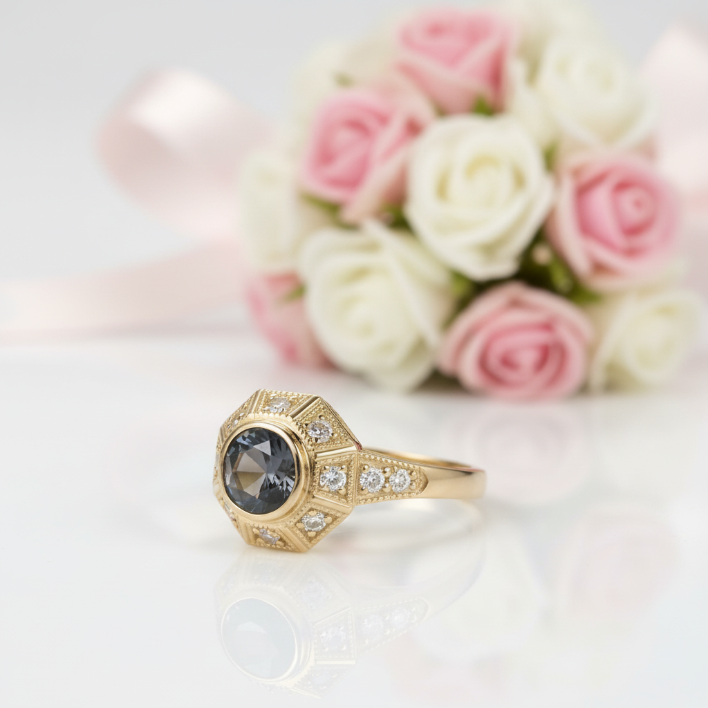 14k Yellow Gold Round Cut Alexandrite Filigree Engagement Ring-Black Diamonds New York
