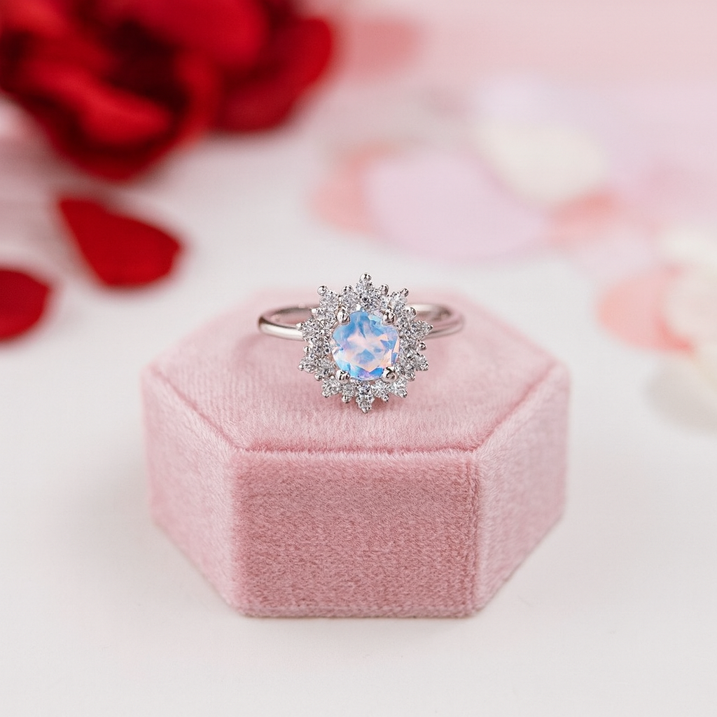 14k Gold 1.2 Ct Moonstone Round Cut Halo Engagement Ring-Black Diamonds New York