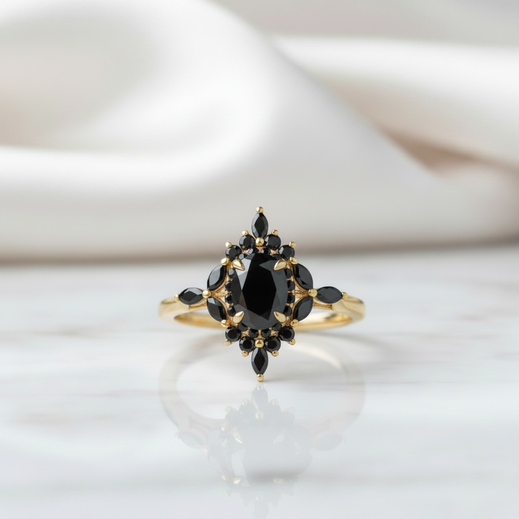 14k Gold Oval Cut 1.0 Ct Diamond Option Antique Flower Engagement Ring-Black Diamonds New York