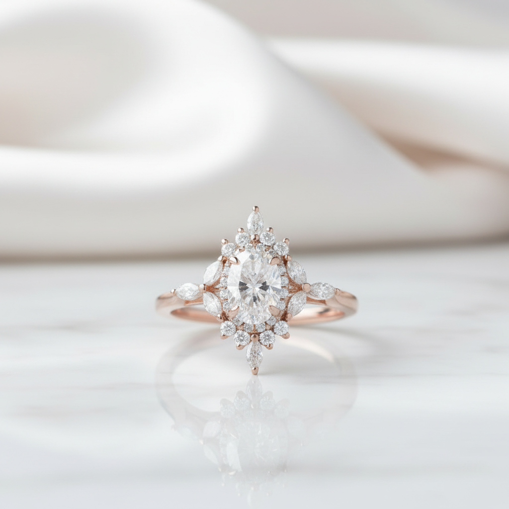 14k Gold Oval Cut 1.0 Ct Diamond Option Antique Flower Engagement Ring-Black Diamonds New York