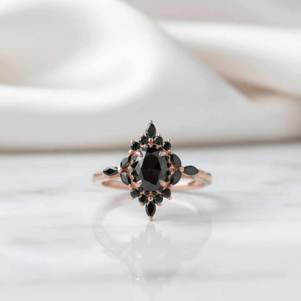 14k Gold Oval Cut 1.0 Ct Diamond Option Antique Flower Engagement Ring-Black Diamonds New York