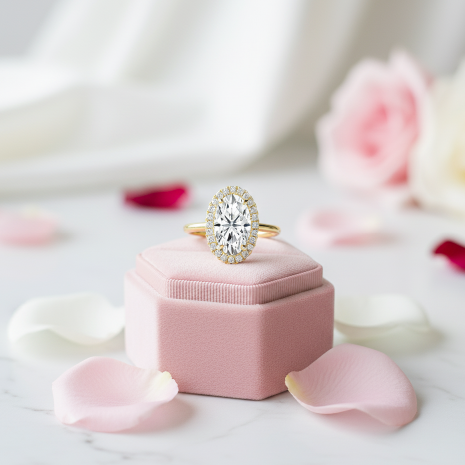 14K Rose Gold Elongated Oval Cut Halo Diamond Engagement Ring-Black Diamonds New York