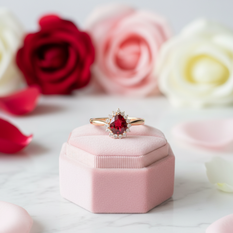 14k Rose Gold Pear Cut Garnet Diamond Halo Engagement Ring-Black Diamonds New York