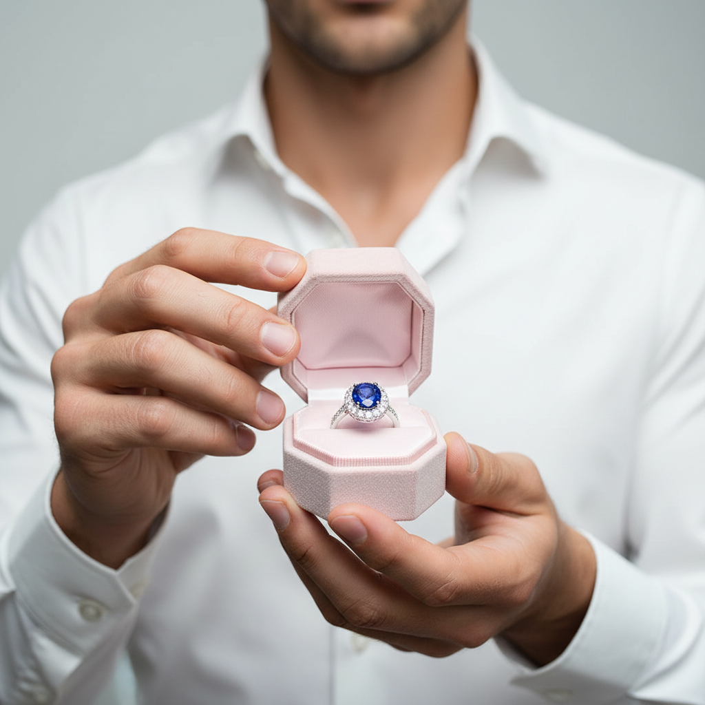 Man holding a pink jewelry box with a blue gemstone ring inside against a gray background