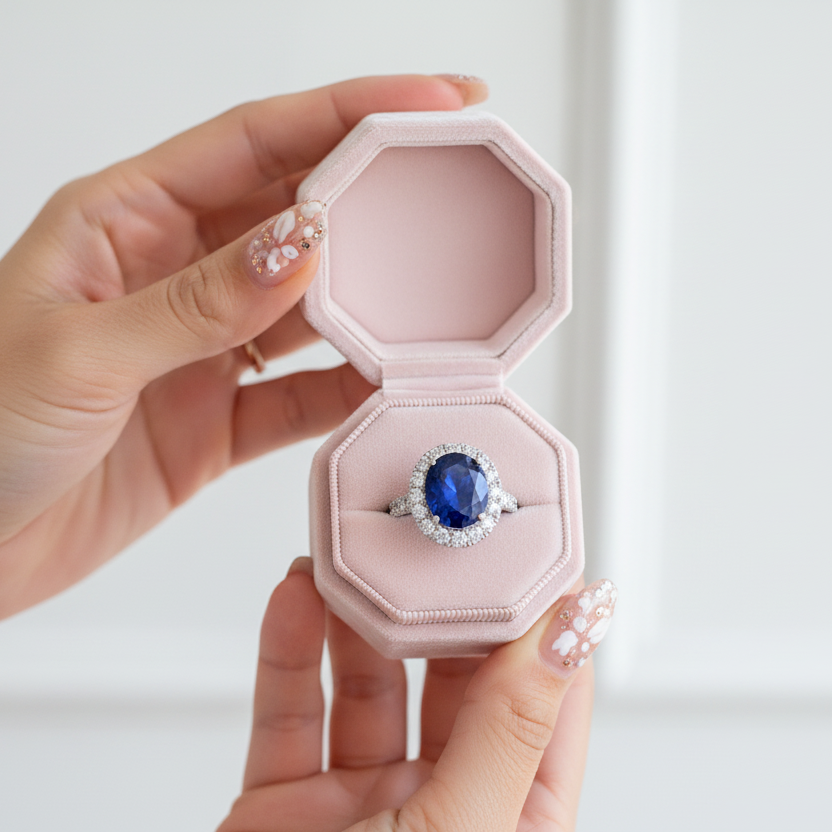 Ring with blue gemstone in a pink hexagonal box held by a hand.