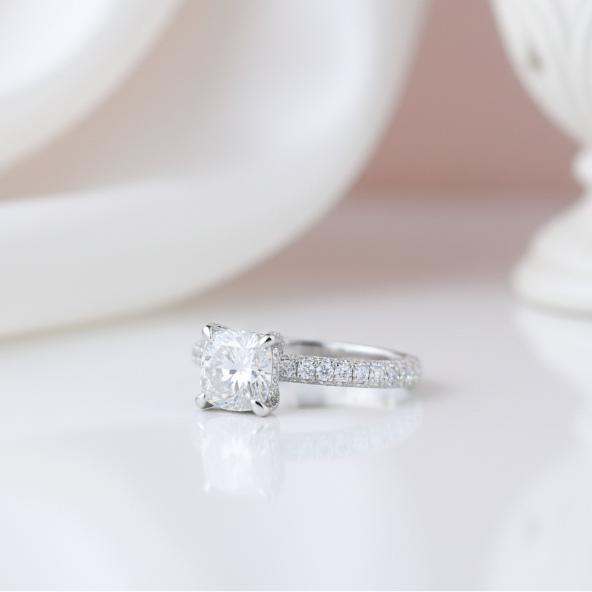 14k White Gold 1.5 Ct Cushion Cut Diamond Option Engagement Ring-Black Diamonds New York