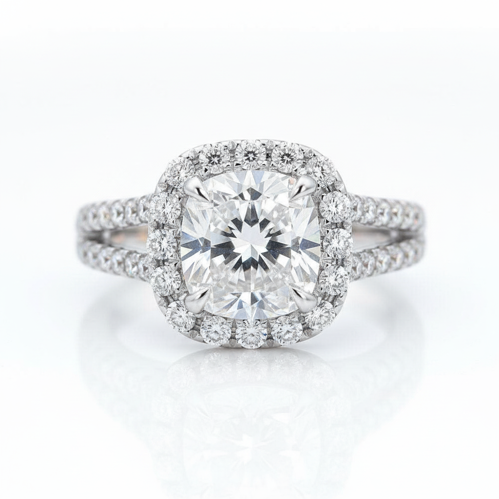 14k White Gold 2.0 Ct Cushion Cut Diamond Option Split Band Halo Engagement Ring-Black Diamonds New York