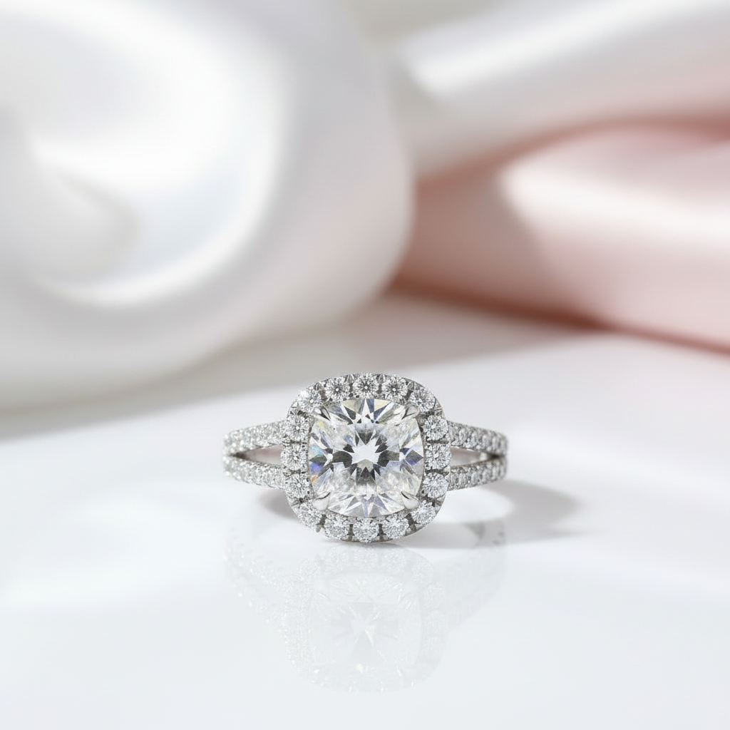 14k White Gold 2.0 Ct Cushion Cut Diamond Option Split Band Halo Engagement Ring-Black Diamonds New York