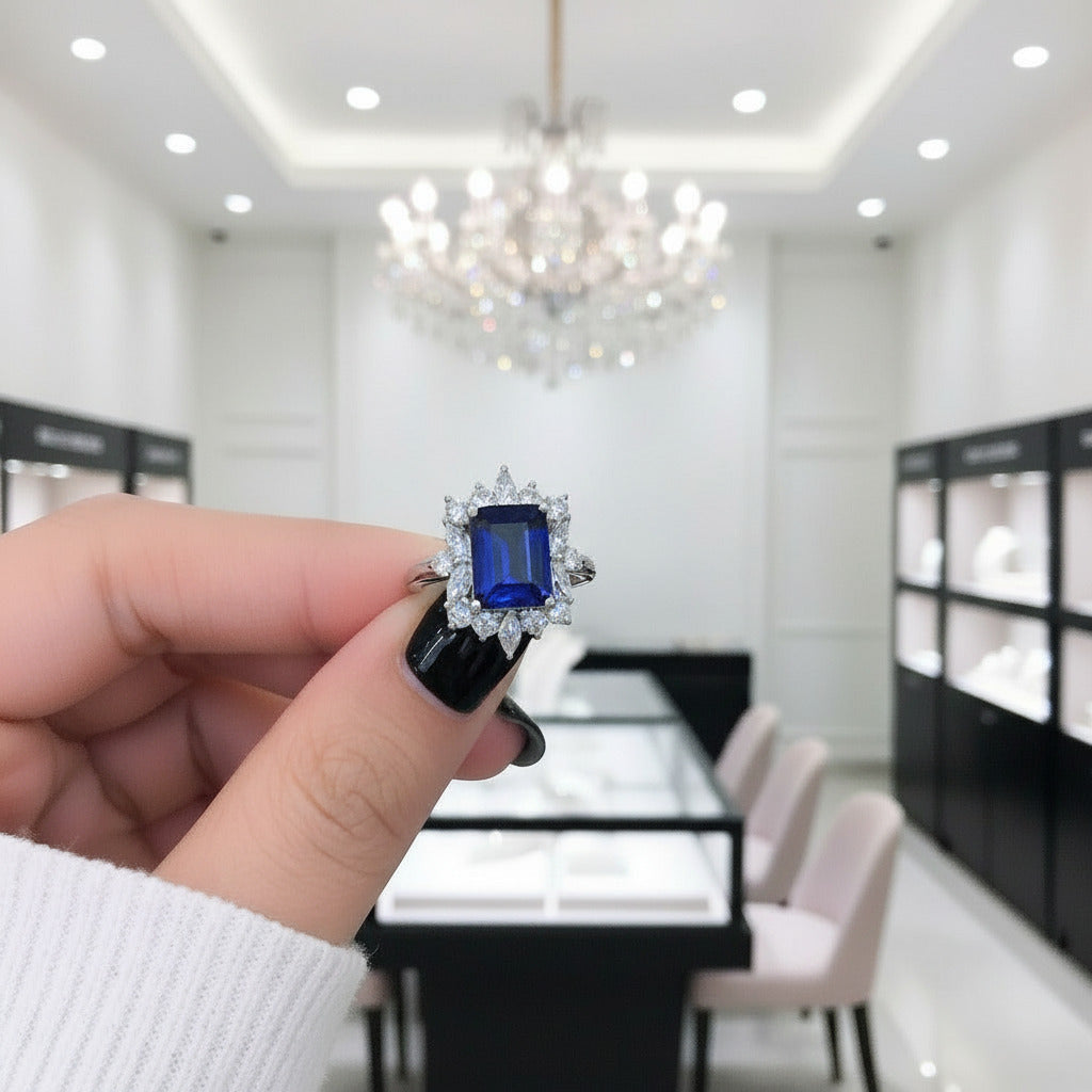 14K White Gold 3.0 Ct Blue Sapphire Diamond Engagement Ring-Black Diamonds New York