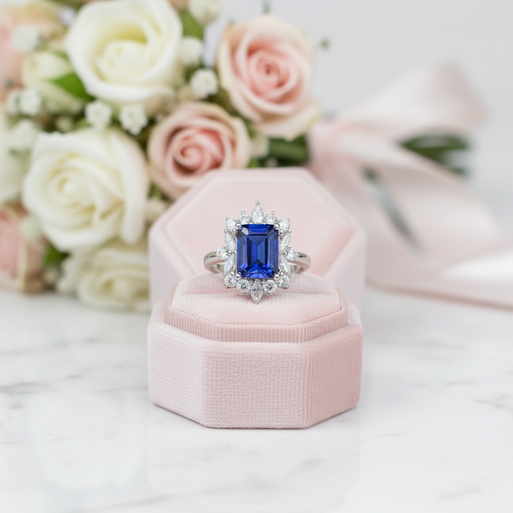 14K White Gold 3.0 Ct Blue Sapphire Diamond Engagement Ring-Black Diamonds New York