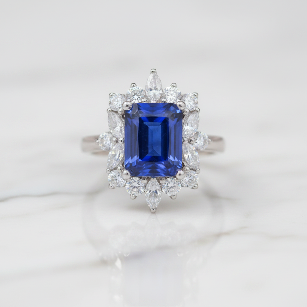 14k White Gold 3.0 Ct Blue Sapphire Diamond Option Engagement Ring-Black Diamonds New York