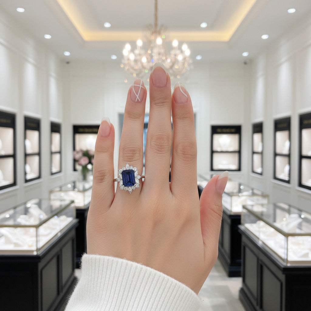 14K White Gold 3.0 Ct Blue Sapphire Diamond Engagement Ring-Black Diamonds New York