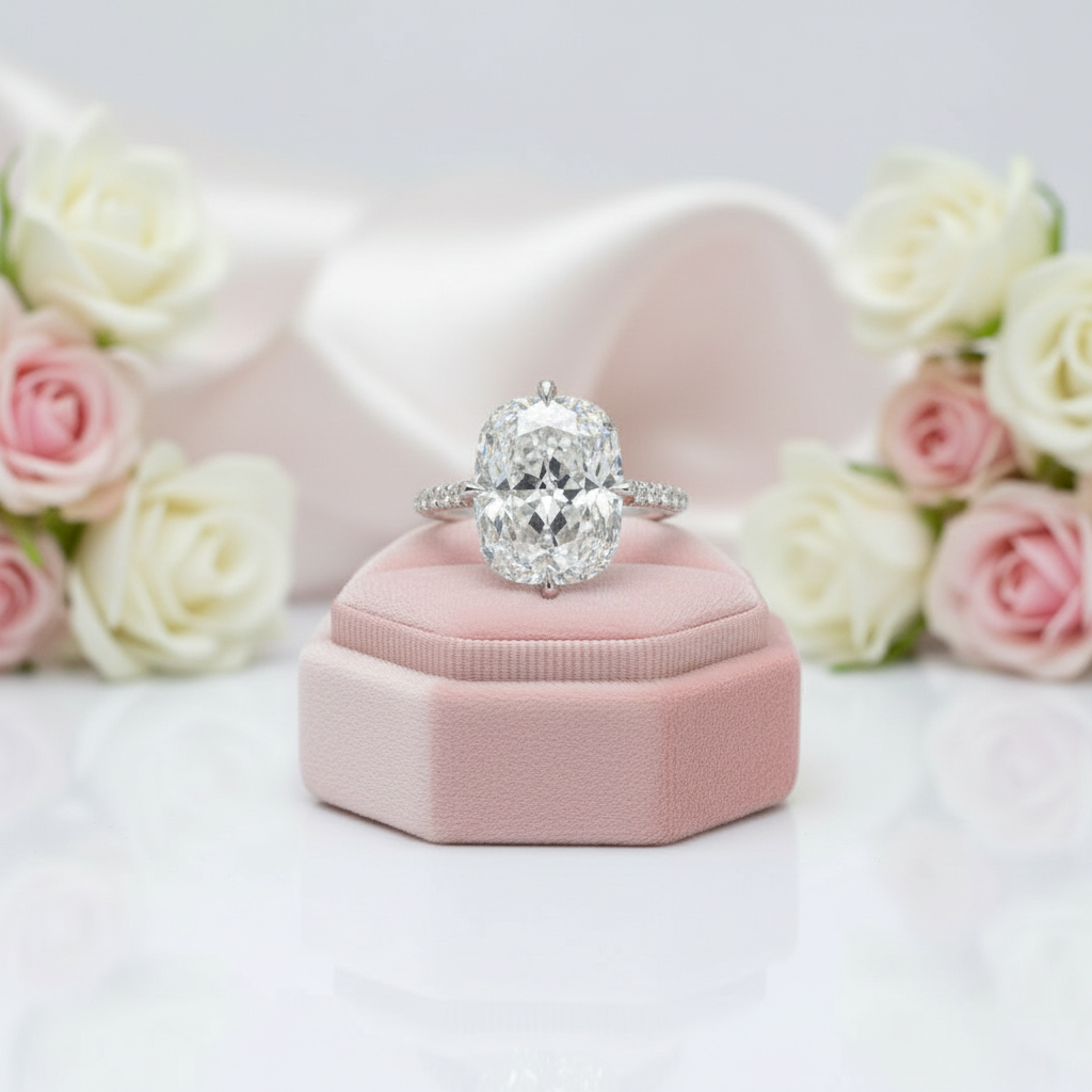 14k White Gold Cushion Cut Diamond Hidden Halo Engagement Ring-Black Diamonds New York