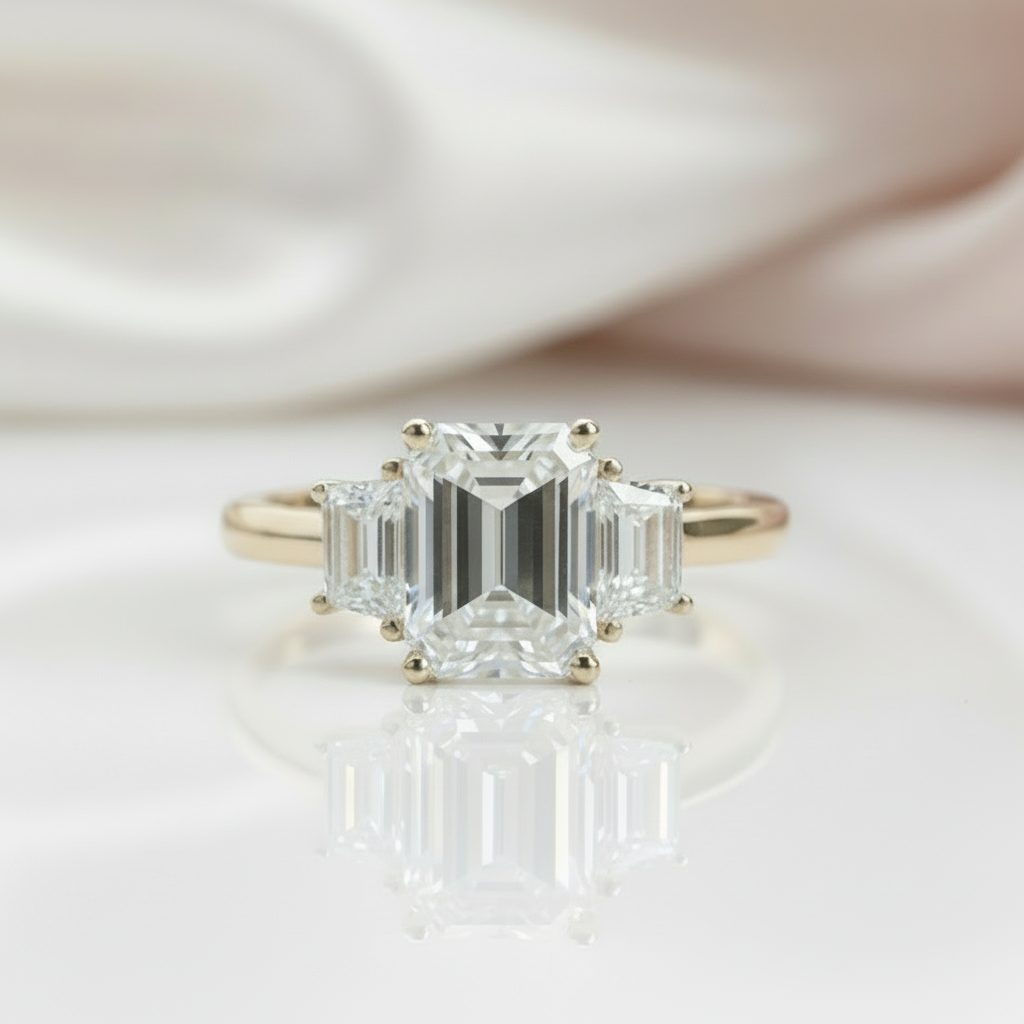 14k Yellow Gold Emerald Cut Diamond Option Baguette Engagement Ring-Black Diamonds New York