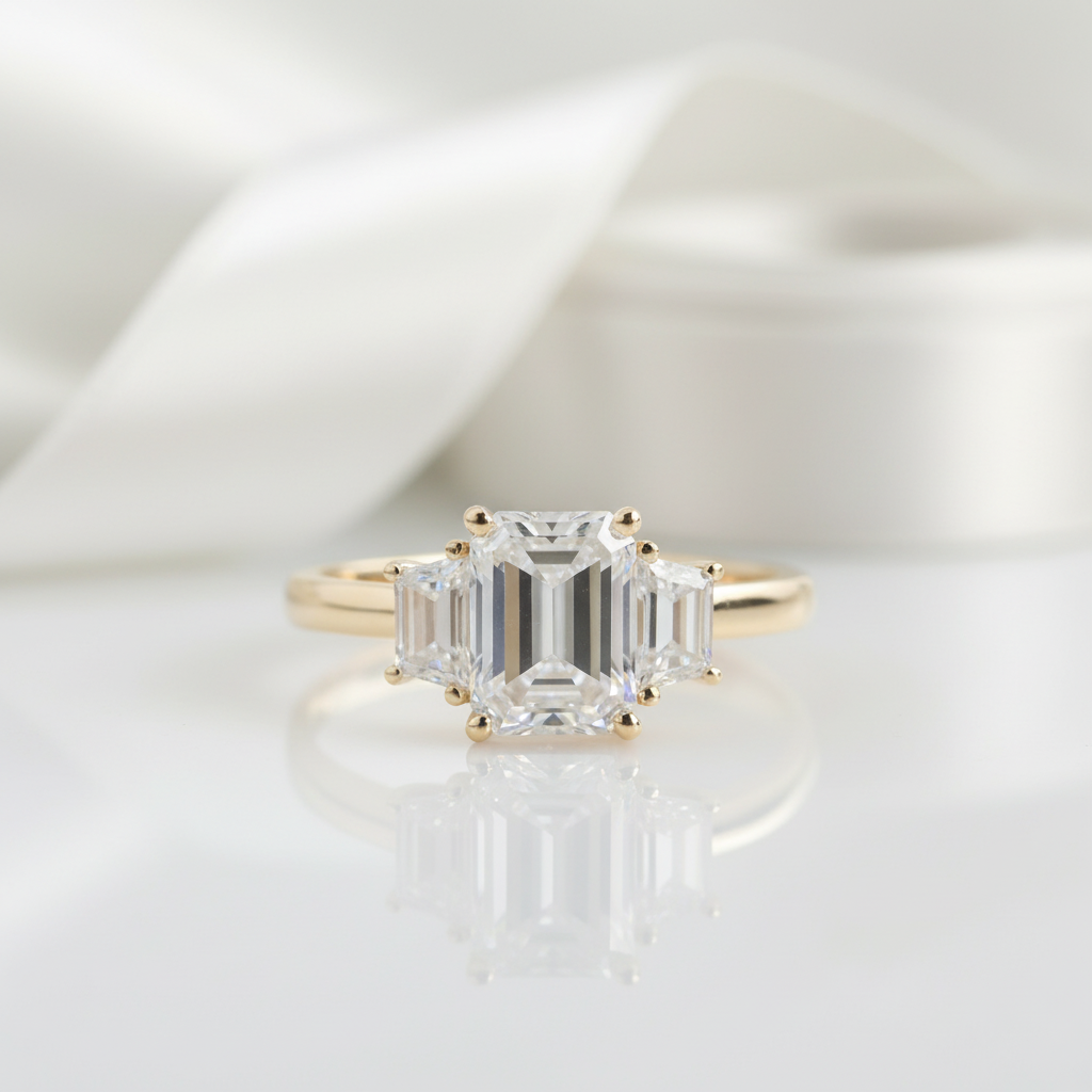 14k Yellow Gold Emerald Cut Diamond Option Baguette Engagement Ring-Black Diamonds New York