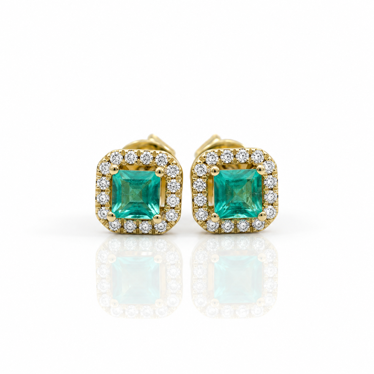 14k Yellow Gold Emerald with Diamond Option Halo Stud Earrings-Black Diamonds New York