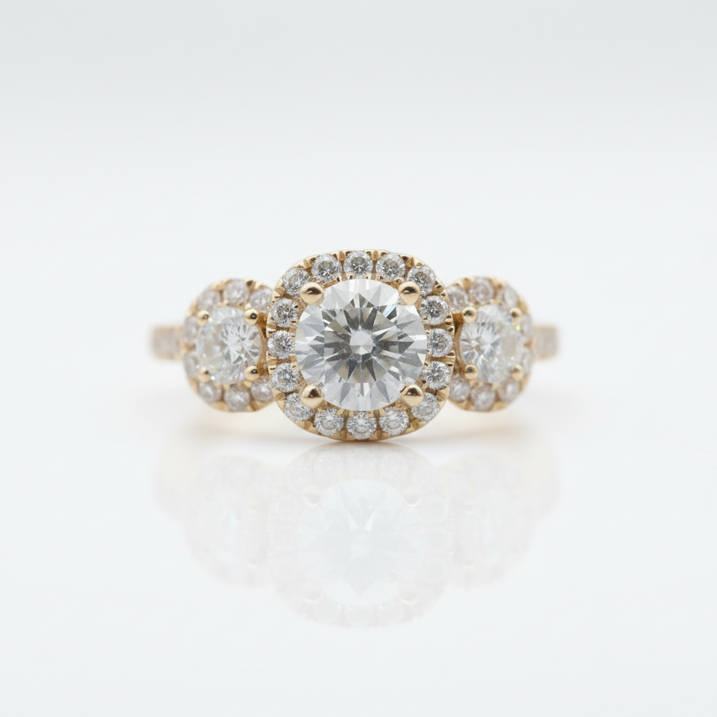 14k Yellow Gold Round Cut Diamond Option 3 Stone Halo Engagement Ring-Black Diamonds New York