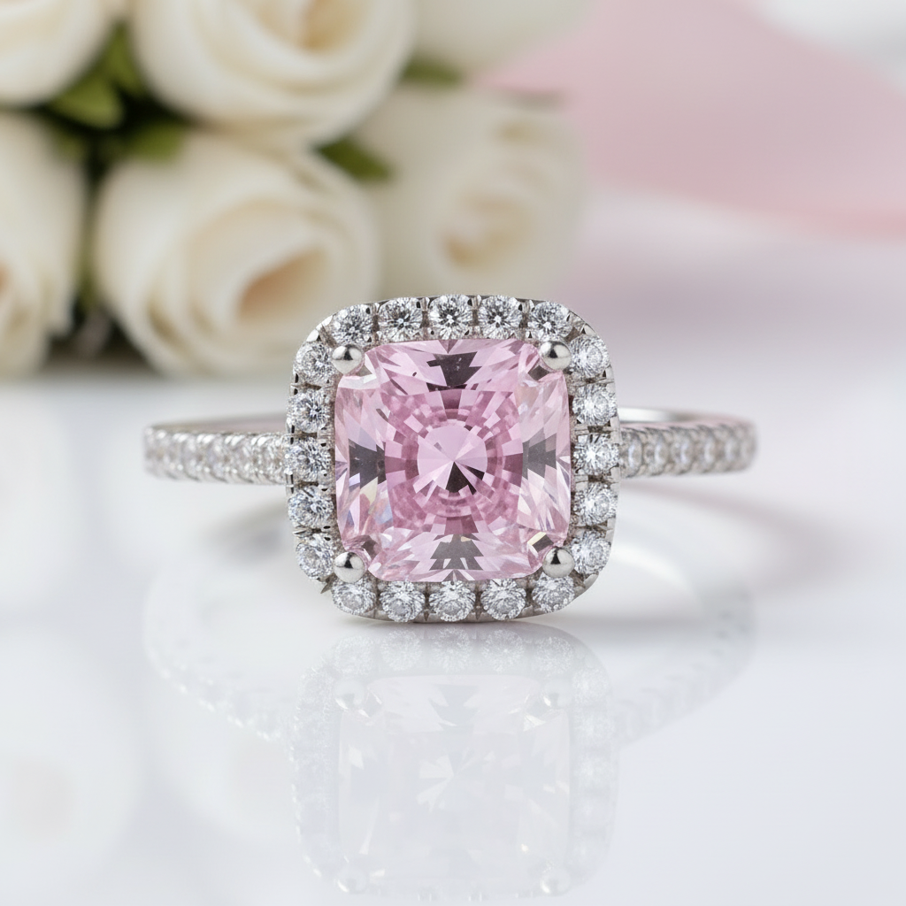 1.5 Carat Cushion Cut Pink Halo Engagement Ring-Black Diamonds New York