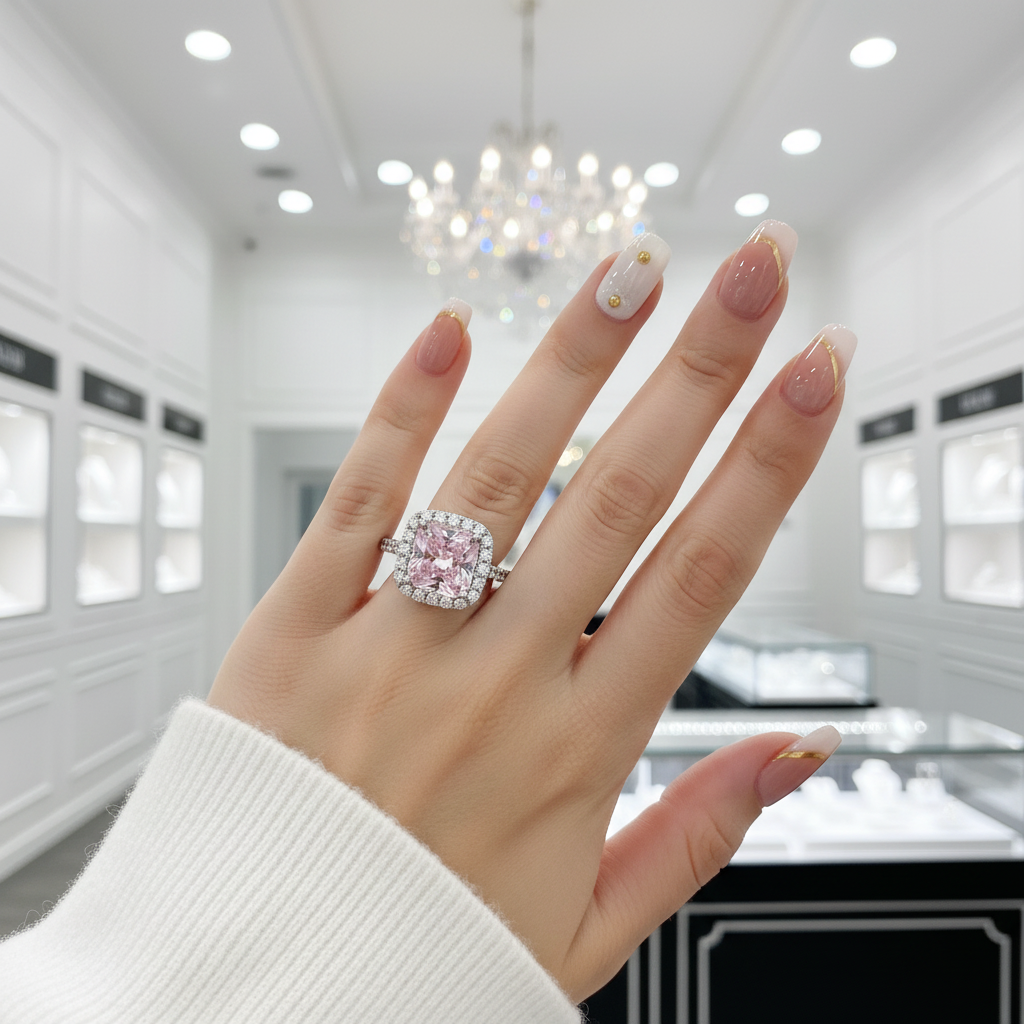 1.5 Carat Cushion Cut Pink Halo Engagement Ring-Black Diamonds New York