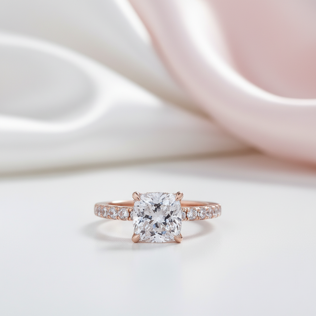 1.5 Carat Cushion Cut White Sapphire Rose Gold Engagement Ring-Black Diamonds New York