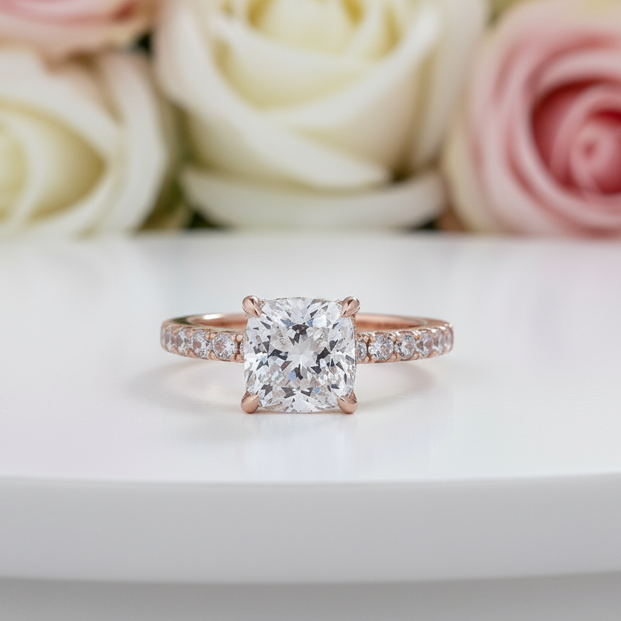 1.5 Carat Cushion Cut White Sapphire Rose Gold Engagement Ring-Black Diamonds New York