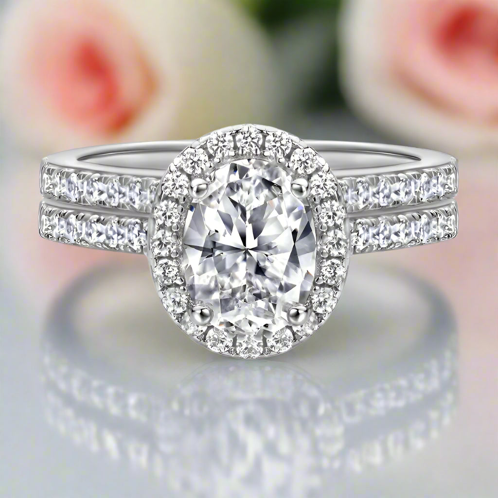 1.5 Ct Oval Cut Diamond Halo Engagement Ring Set-Black Diamonds New York