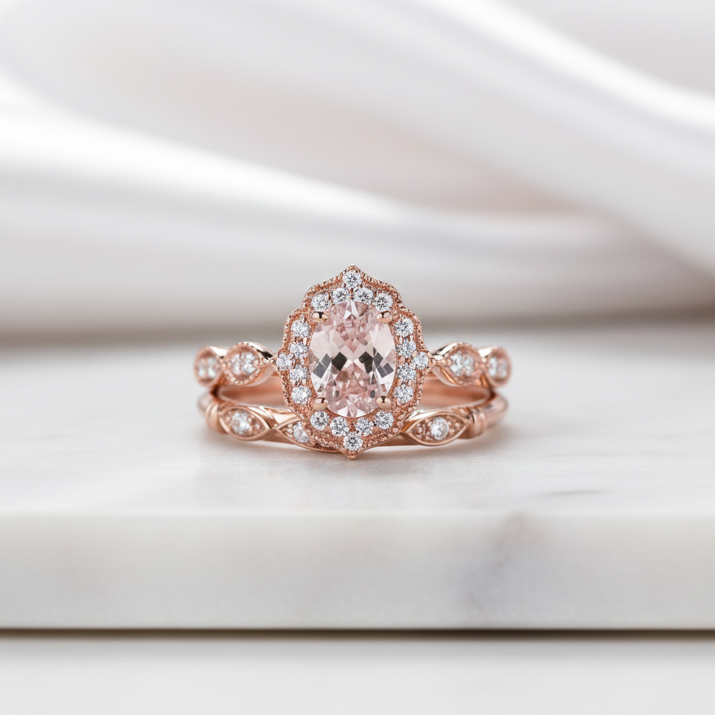 Rose gold ring with a large central gemstone and smaller stones on a white background