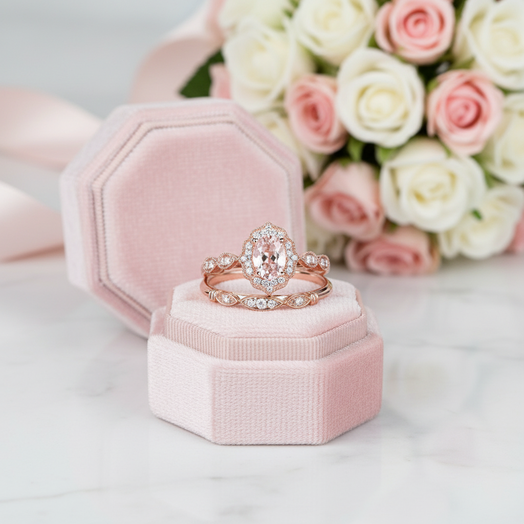 1.5 CT Oval Cut Pink Stone Ring Set In Rose Gold-Black Diamonds New York