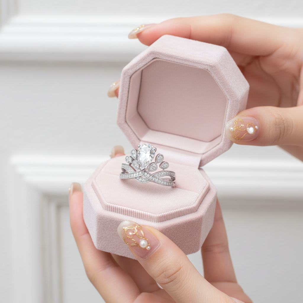 A silver tiara-shaped ring with a large clear center stone and smaller surrounding stones, displayed inside an open light pink octagonal ring box held by hands with decorative nail art.