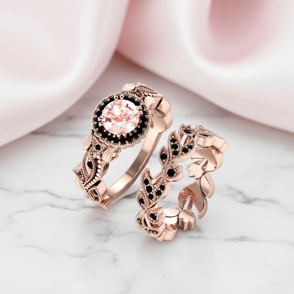 1.50ct Diamond Option Rose Gold Flower Ring Set-Black Diamonds New York