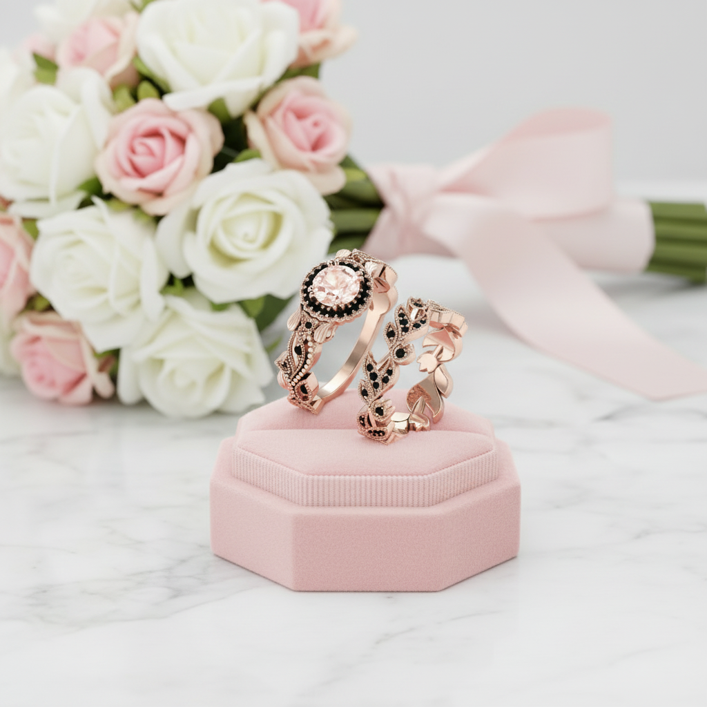 1.50ct Diamond Option Rose Gold Flower Ring Set-Black Diamonds New York