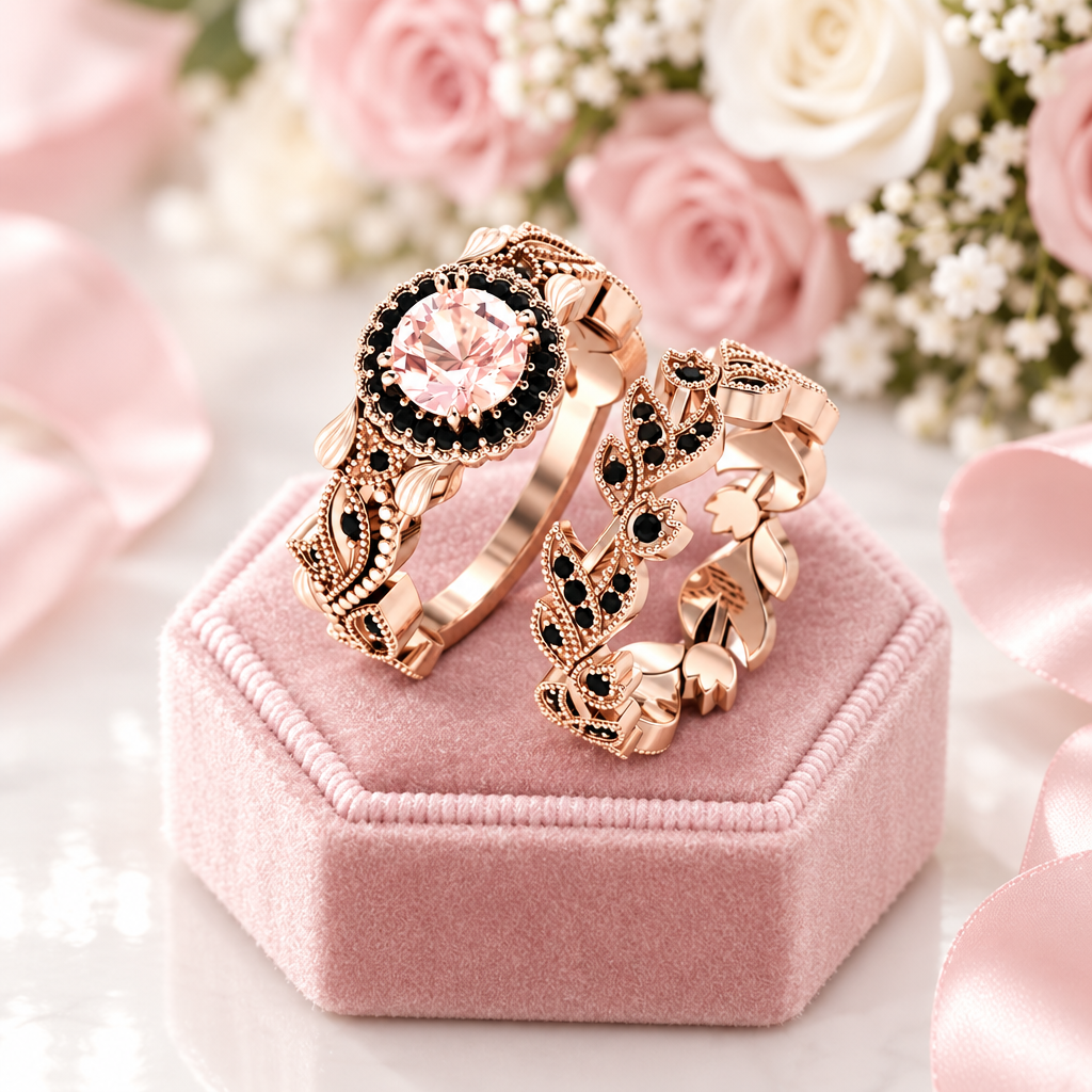 1.50ct Diamond Option Rose Gold Flower Ring Set-Black Diamonds New York
