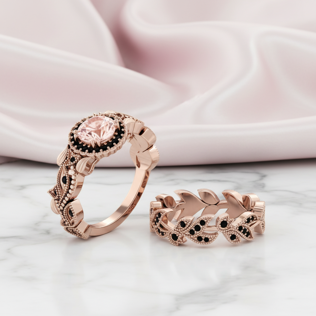 1.50ct Diamond Option Rose Gold Flower Ring Set-Black Diamonds New York