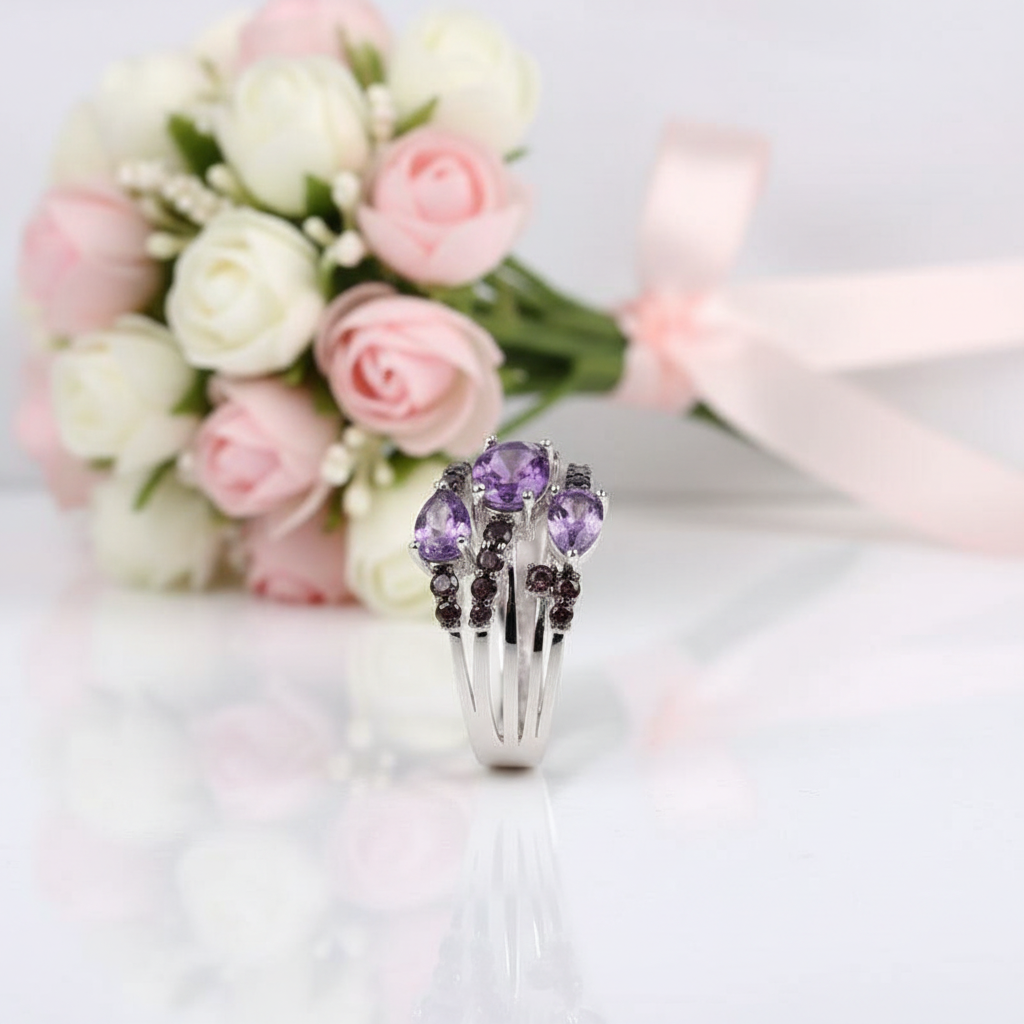 1.54Ct Amethyst Three Birthstone Ring-Black Diamonds New York