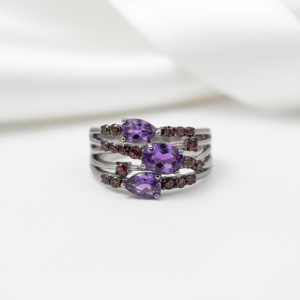 1.54Ct Amethyst Three Birthstone Ring-Black Diamonds New York