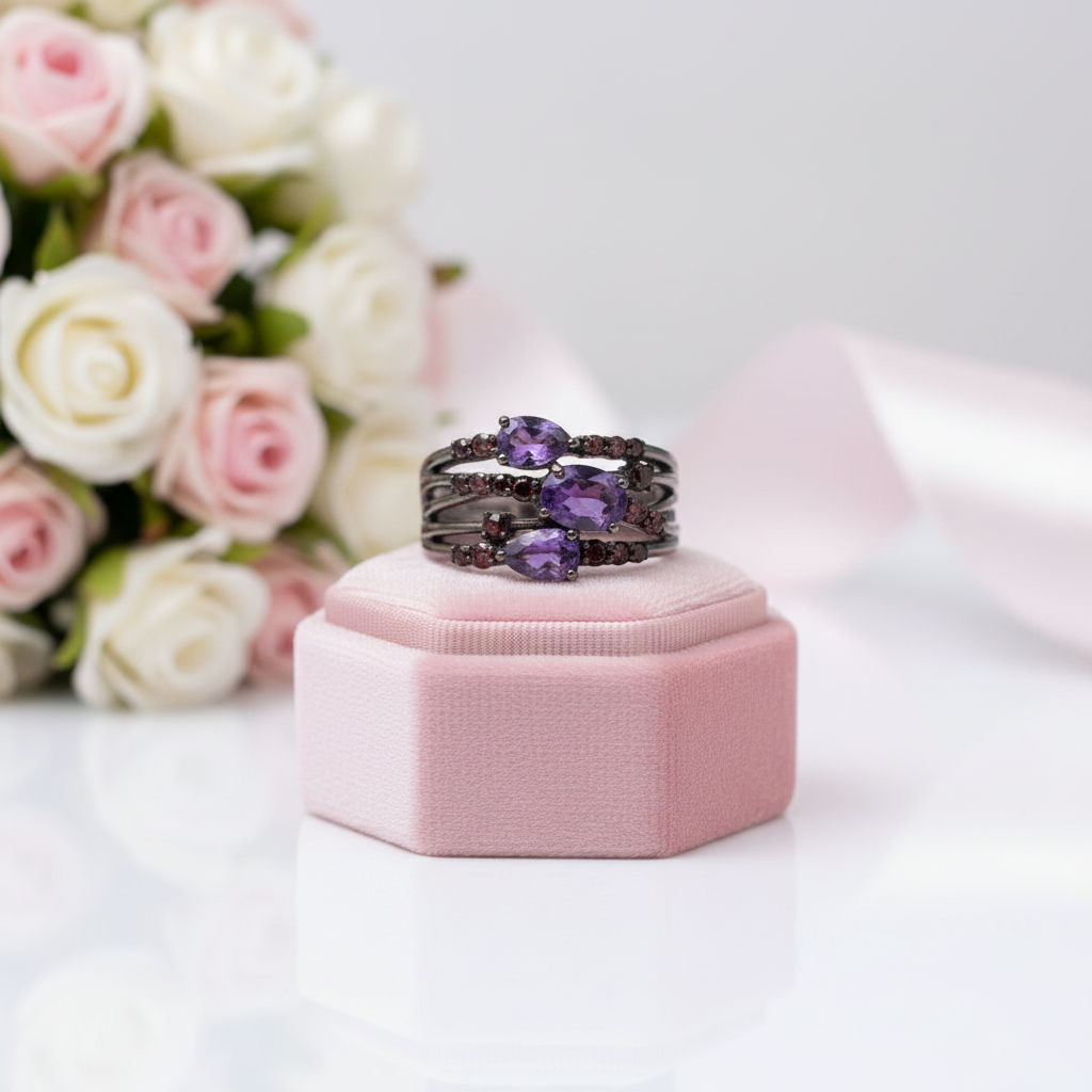 1.54Ct Amethyst Three Birthstone Ring-Black Diamonds New York