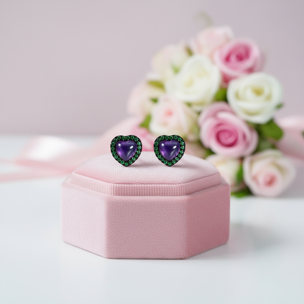 1.56Ct Amethyst Heart Small Stud Earrings-Black Diamonds New York