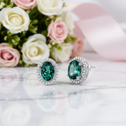 14k White Gold 1.6 Ct Oval Green Topaz Earrings-Black Diamonds New York